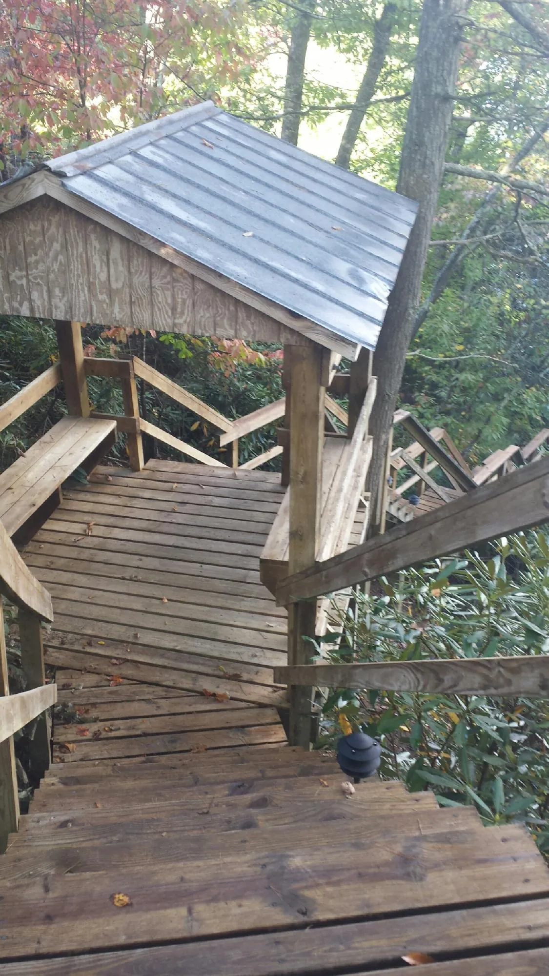 Metal roofed shelter over wooden steps on a wooded walkway — Skylight Repair & Installation work by our crew in Great Falls